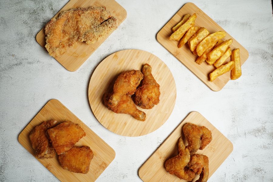 Assorted fried chicken and fries spread
